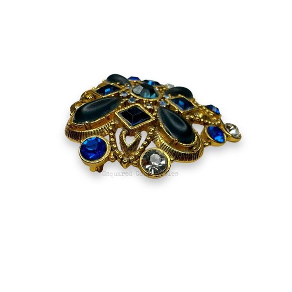 Gold Tone Blue Clear Faceted Crystal & Acrylic Cabochon Brooch - Picture 4 of 9